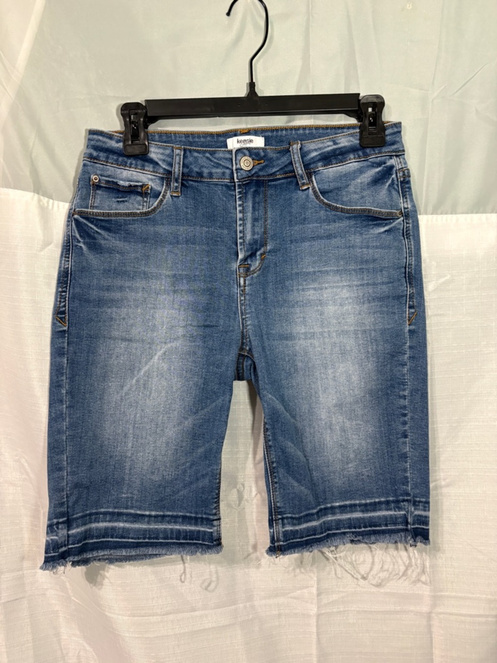 Kensie Blue Frayed-Hem Denim Bermuda Shorts